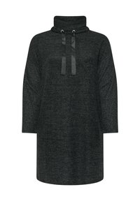 Abito in maglia grigio scuro con collo a ciambella, maniche a 3/4 e dettagli con cordoncino. Tessuto morbido con diverse trame di tessuto.