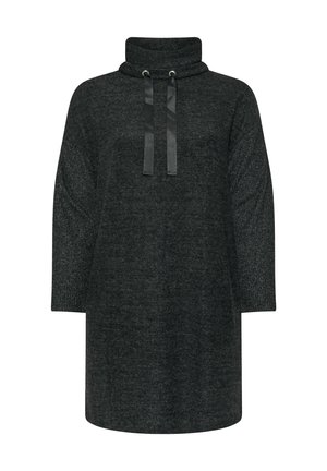 Vestido de suéter gris oscuro con cuello amplio, mangas 3/4 y acentos de cordón. Textura suave con diferentes patrones de tela en todo el vestido.