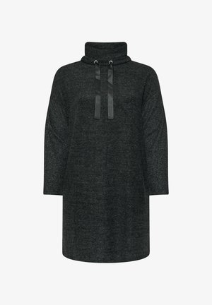 Ciemnoszara sukienka swetrowa z luźnym dekoltem, rękawami 3/4 i akcentami ze sznurkiem. Miękka faktura z różnorodnymi wzorami materiału.