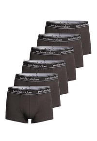 Schwarze Baumwoll-Boxershorts mit einem grauen elastischen Bund, der das "seidensticker"-Logo trägt, in einer Reihe angeordnet. Weiches, dehnbares Material.