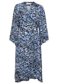 Blå och svart mönstrad omslagsklänning med långa ärmar, V-ringning och bälte i midjan, tillverkad av lättviktig tyg.