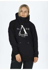 Black hooded sweatshirt with a front pocket, featuring a large white logo, drawstrings, and ribbed cuffs. Smooth texture and relaxed fit.