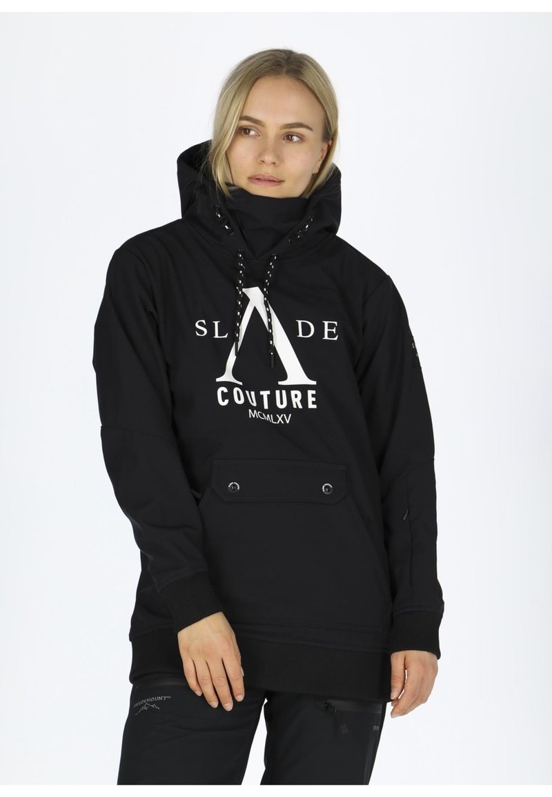 Black hooded sweatshirt with a front pocket, featuring a large white logo, drawstrings, and ribbed cuffs. Smooth texture and relaxed fit.