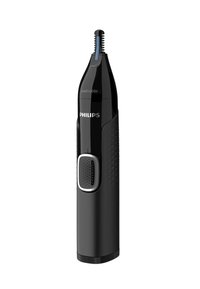 Philips nose hair trimmer with a sleek black body, textured grip, washable design, and silver button. Features a precision trimming head.