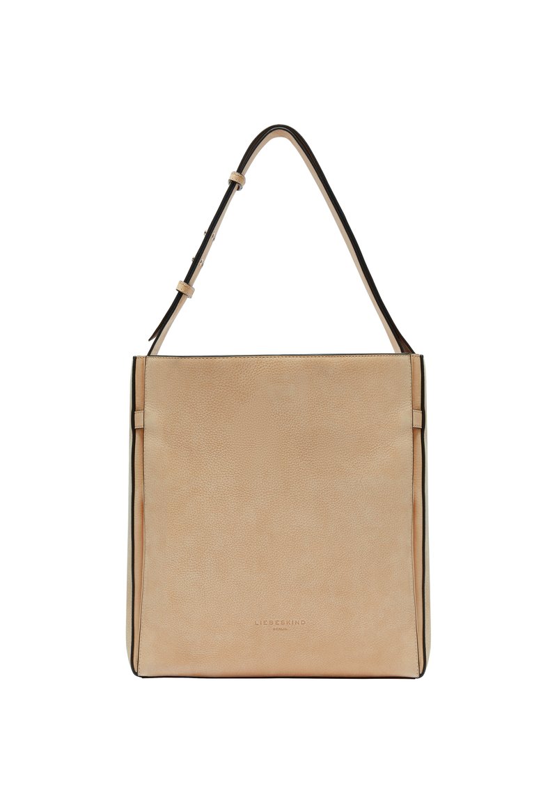 Leder-Umhängetasche in sanftem Beige mit klarer rechteckiger Form, kontrastierendem schwarzen Besatz und verstellbarem Riemen. Mit geprägtem Logodetail.