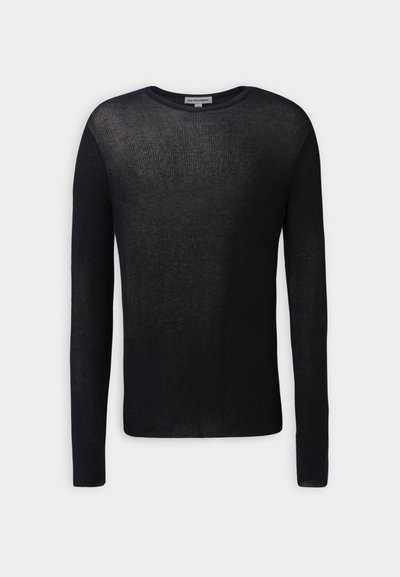 Pull en maille noir à manches longues avec un col rond, présentant une texture légère en côtes et un design transparent.