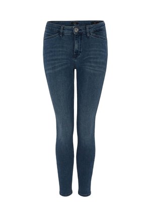 Dunkelblaue Skinny Jeans aus Denim, mit einem klassischen Fünf-Taschen-Design, einem Frontknopf- und Reißverschluss und leichten Verblassungen.