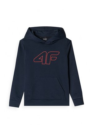 Granatowa bluza z kapturem z przednią kieszenią i czerwoną obwódką logo "4F" na piersi, zaprojektowana dla dzieci, rozmiar 140.