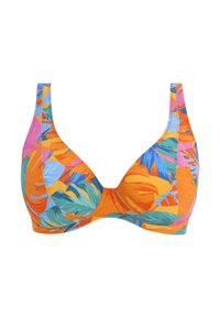 Haut de bikini coloré avec un mélange de motifs de feuilles tropicales orange, vert et bleu, doté de bonnets structurés et de larges bretelles pour un soutien.