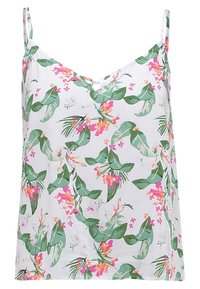 Floral camisole featuring a white background, green leaves, and pink flowers. Made of lightweight fabric with adjustable straps and a v-neckline.