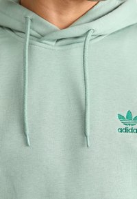 Ljus mintgrön hoodie med justerbara dragskor, texturerad tyg och en liten grön broderad logotyp på bröstet.