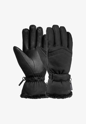 Svarta handskar med läderhandflata och mjukt tyg på ovansidan. Manschetterna är samlade med ett band, och det inre foder har en fluffig textur.