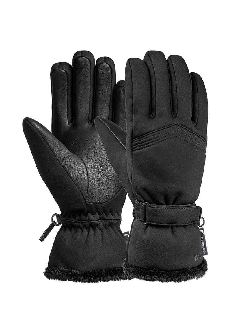 Schwarze Handschuhe mit einer Lederhandfläche und einem weichen Stoffoberteil. Die Bündchen sind mit einem Riemen gerafft, und die innere Fütterung hat eine flauschige Textur.