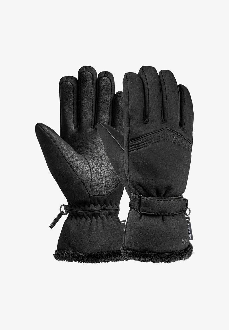 Schwarze Handschuhe mit einer Lederhandfläche und einem weichen Stoffoberteil. Die Bündchen sind mit einem Riemen gerafft, und die innere Fütterung hat eine flauschige Textur.