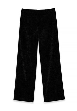 Schwarze, weit geschnittene Hosen aus strukturiertem Stoff, mit hoher Taille und sauberem Abschluss, ohne sichtbare Taschen oder Verzierungen.