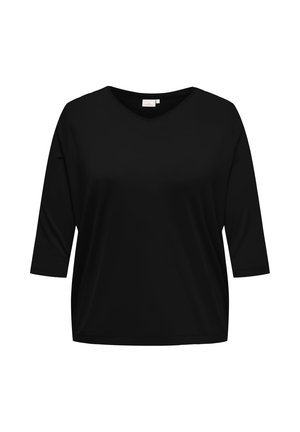 Zwart T-shirt met V-hals, driekwartmouw en een losse pasvorm, weergegeven tegen een effen witte achtergrond.