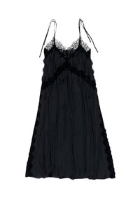 Must beeblack slip dress sujuhtuva kangast, mille peal on pitsiline ääris kaeluse ja servade ümber. Omab reguleeritavaid rihmu ja jääb laia lõikega.