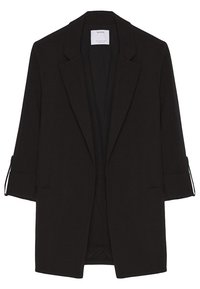 Blazer negro con mangas largas y puños parciales. Presenta un cuello con muescas y un frente abierto. Fabricado con una tela suave y liviana.