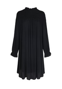 Zwarte jurk met een hoge, smock-nek, lange mouwen en gathered lijfje, met gerafelde manchetten en een vloeiende, losse pasvorm.