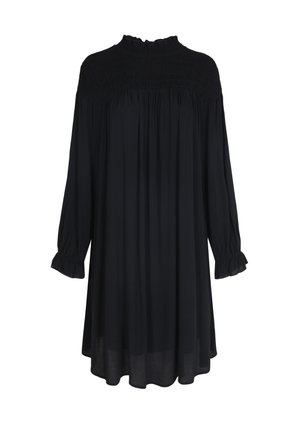 Black dress with a high, smocked neckline, long sleeves, and gathered bodice, featuring ruffled cuffs and a flowing, loose fit.