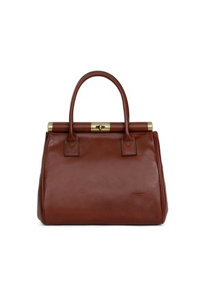 Sac à main en cuir marron au design structuré, avec deux poignées supérieures et un fermoir en métal doré. Texture lisse avec un discret détail de marque.