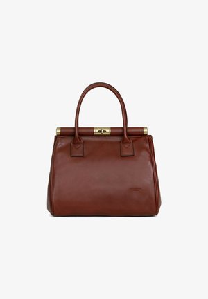 Braune Lederhandtasche mit strukturiertem Design, doppelten Obergriffen und einem goldenen Metallverschluss. Glatte Textur mit dezentem Markenlogo.