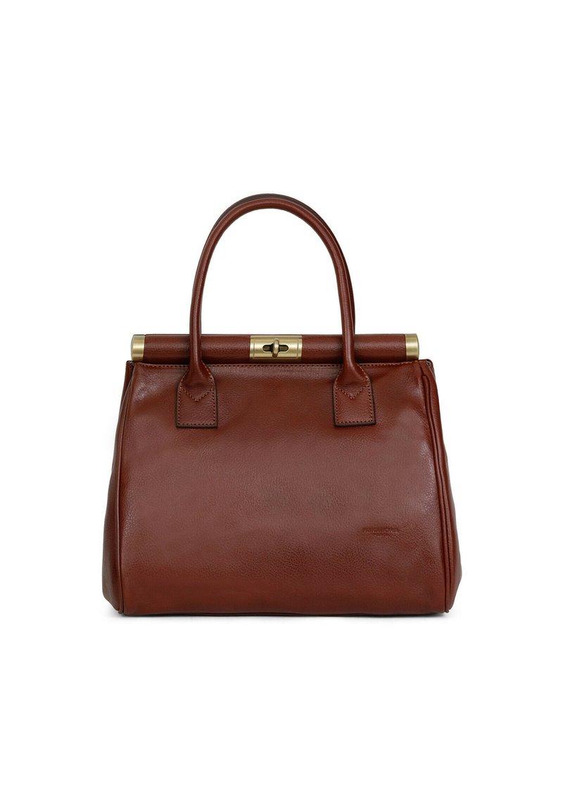 Brązowa skórzana torebka o strukturalnym designie, z podwójnymi uchwytami u góry i zapięciem na złoty metalowy zatrzask. Gładka textura z subtelnym detalem z logo.