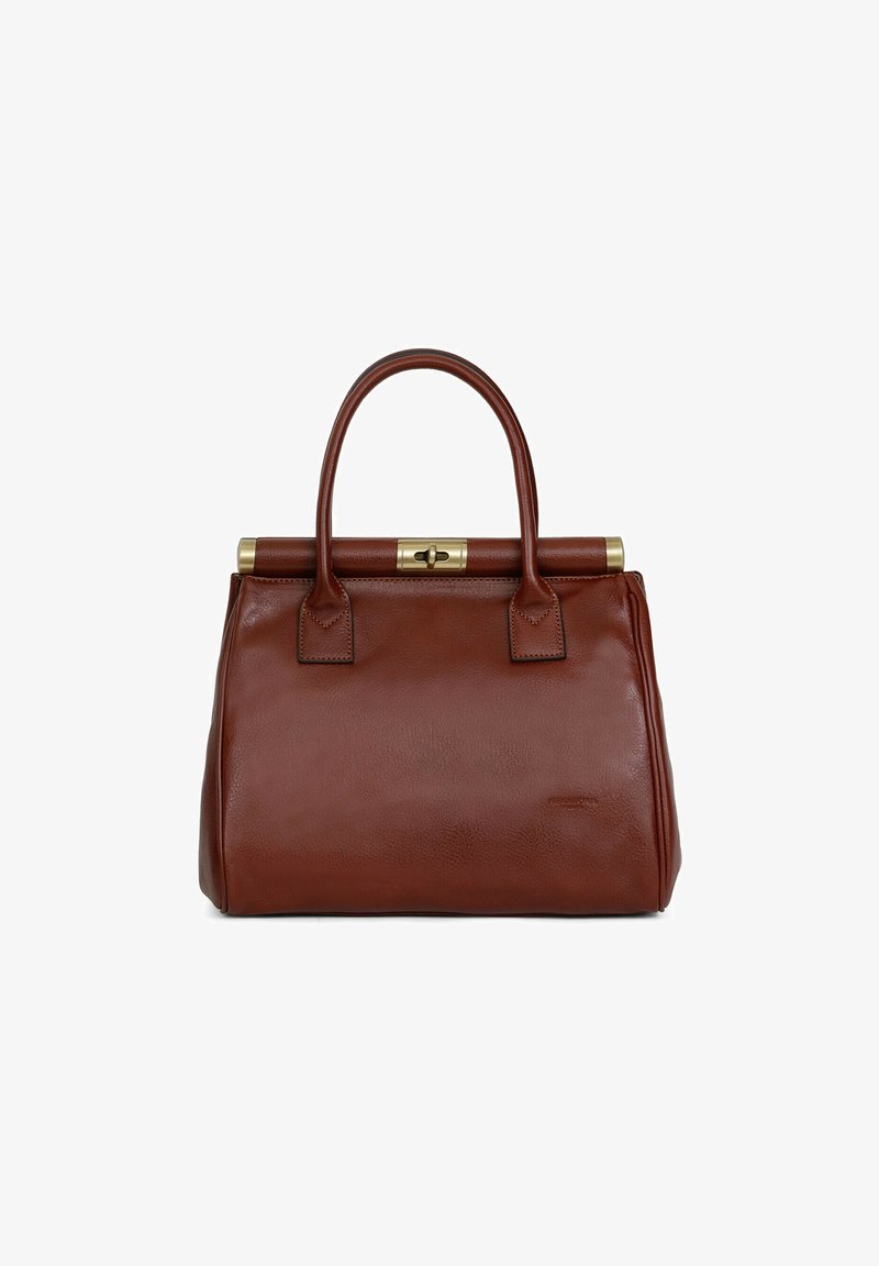 Brązowa skórzana torebka o strukturalnym designie, z podwójnymi uchwytami u góry i zapięciem na złoty metalowy zatrzask. Gładka textura z subtelnym detalem z logo.