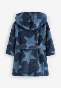 Navy-Fleece-Bademantel mit Sternenmuster. Verfügt über eine Kapuze, lange Ärmel und einen gebundenen Gürtel in der Taille. Weicher Stoff, warmes Design.