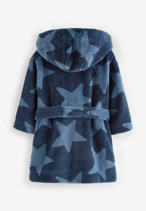 Peignoir de bain en polaire bleu marine avec motif étoilé. Il comporte une capuche, des manches longues et une ceinture à nouer à la taille. Texture douce, design chaleureux.