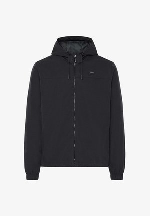 Schwarze Kapuzenjacke mit Reißverschlussfront, elastischen Bündchen und seitlichen Taschen. Hergestellt aus glattem Stoff mit minimalen Details und Logo-Akzent.