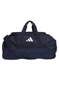Marineblauwe sporttas met dubbele handgrepen en een afneembare schouderband. Voorzien van een voorvak met ritssluiting en een meshpaneel. Adidas-logo weergegeven.