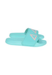 Turquoise slide sandals with a textured surface, featuring a pink triangle design on the strap and a flat sole for comfort.