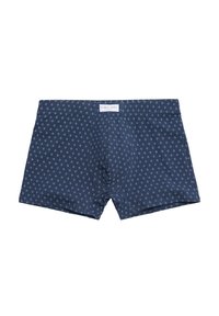 Boxers azul marino de tela elástica con un pequeño patrón geométrico. Cintura elástica con etiqueta de logo en la parte delantera.