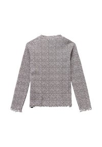 Top a maniche lunghe in tessuto leggero con un motivo a stampa leopardata testurizzata in beige e nero, con orlo e scollatura ondulati.