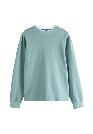 Lichtgroene sweatshirt met lange mouwen en ronde hals, met een gladde textuur en ribbelmanchetten. Eenvoudig, ongecompliceerd ontwerp.
