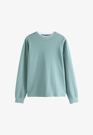 Lichtgroene sweatshirt met lange mouwen en ronde hals, met een gladde textuur en ribbelmanchetten. Eenvoudig, ongecompliceerd ontwerp.