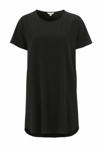 Black short-sleeve t-shirt made of soft fabric, featuring a round neckline and a slightly curved hem. Simple design with no additional patterns.