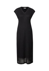 Abito lungo in maglia all'uncinetto nero con scollo a V e maniche a cappuccio. Presenta una vestibilità ampia e un tessuto testurizzato con un design a trama aperta.
