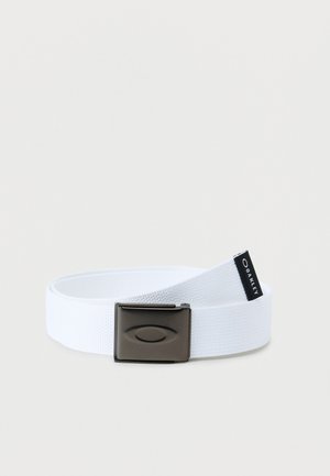 White fabric belt with a black metal buckle embossed with an oval logo and a black Oakley brand tag sewn on the end of the belt.