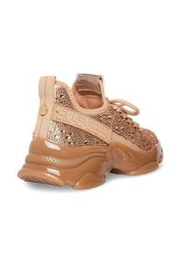Sneaker beige con una toma in rete testurizzata, caratterizzata da dettagli glitterati, un colletto imbottito e una suola in gomma lucida. Inclusi i lacci e il dettaglio del logo.