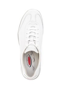 White athletic shoe with round toe, lace-up design, perforated accents, and textured sole. "rollingsoft" logo printed inside.