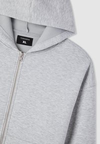 Felpa con zip di colore grigio chiaro, con cappuccio, zip visibile e etichetta di taglia "TERANOVA XL" all'interno del colletto.