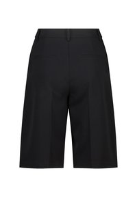 Black tailored shorts with a pleated design, featuring back pockets and a smooth texture, cut just above the knee.