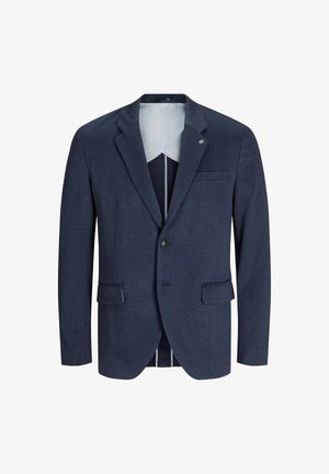 Marineblå blazer lavet af tekstureret stof, med en enkelt knap, to frontlommer og et mønstret for med en lille logo-detalje.