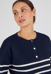 Maglione navy con righe orizzontali bianche. Presenta un collo rotondo e una chiusura con tre bottoni argentati. Texture morbida, vestibilità casual.