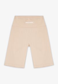 Beige högmidjade cykelshorts med "PEGADOR"-logotyp i vitt tryckt på midjebandet, visade liggande på en vit bakgrund.
