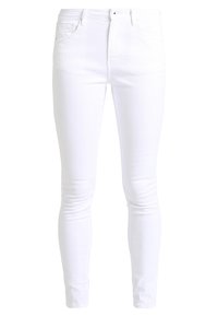 Jeans skinny bianchi in denim con una texture liscia, dotati di zip e cinque tasche, progettati per una silhouette aderente.