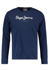 Marinblå långärmad t-shirt av bomull med en vit grafisk logotyp "Pepe Jeans LONDON" över bröstet, rund halsringning och enkel design.