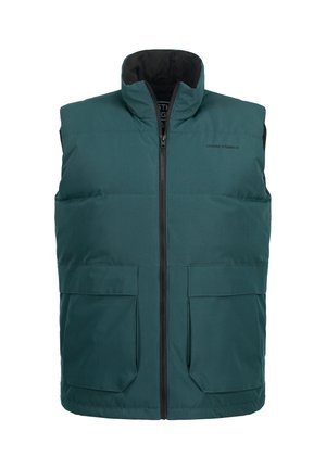 Grüne gepolsterte Weste mit hohem Kragen, frontalem Reißverschluss und zwei großen Fronttaschen. Glatte Textur mit matter Oberfläche, minimale Markenkennzeichnung.